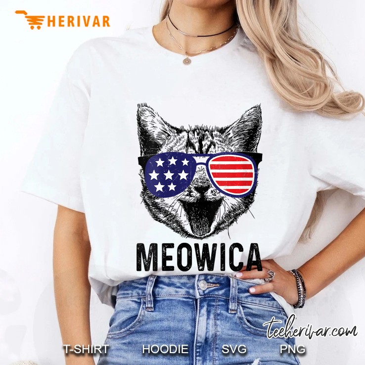 Womens 4Th Of July Meowica Cat American Flag Glasses V-Neck Hoodie