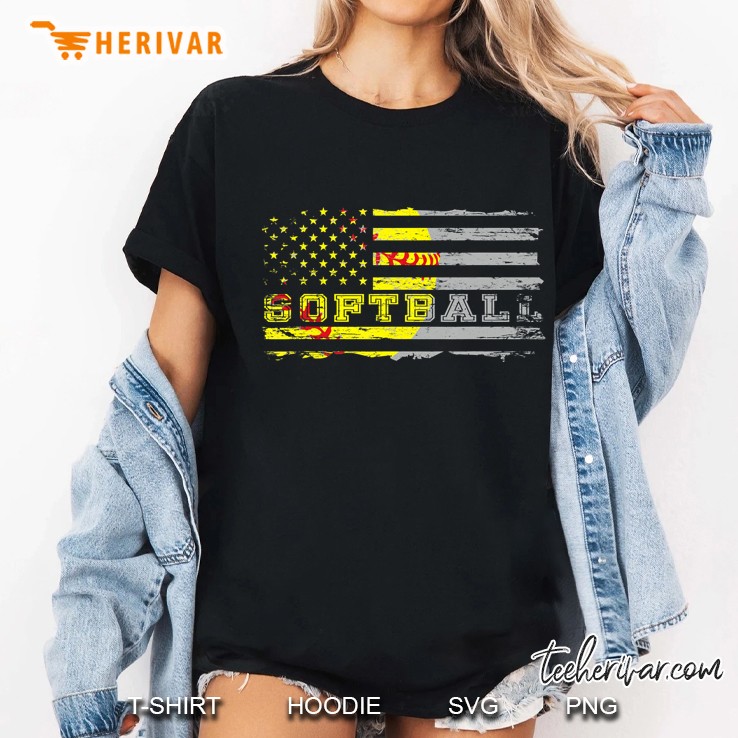 American Flag Softball Fan Shirt Team Distressed Gift Ladies Tee