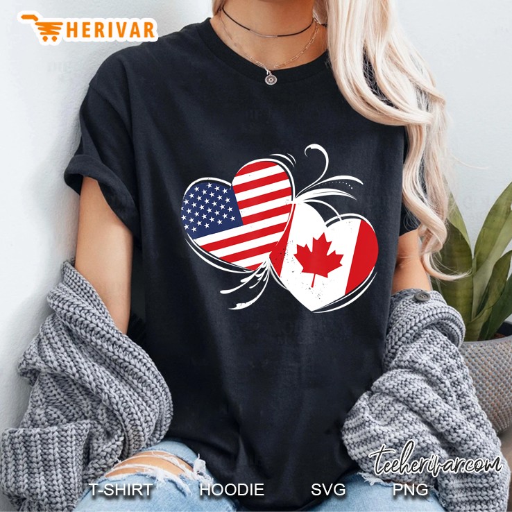Canada Usa Flag Double Heart Product For Canadian American Ladies Tee