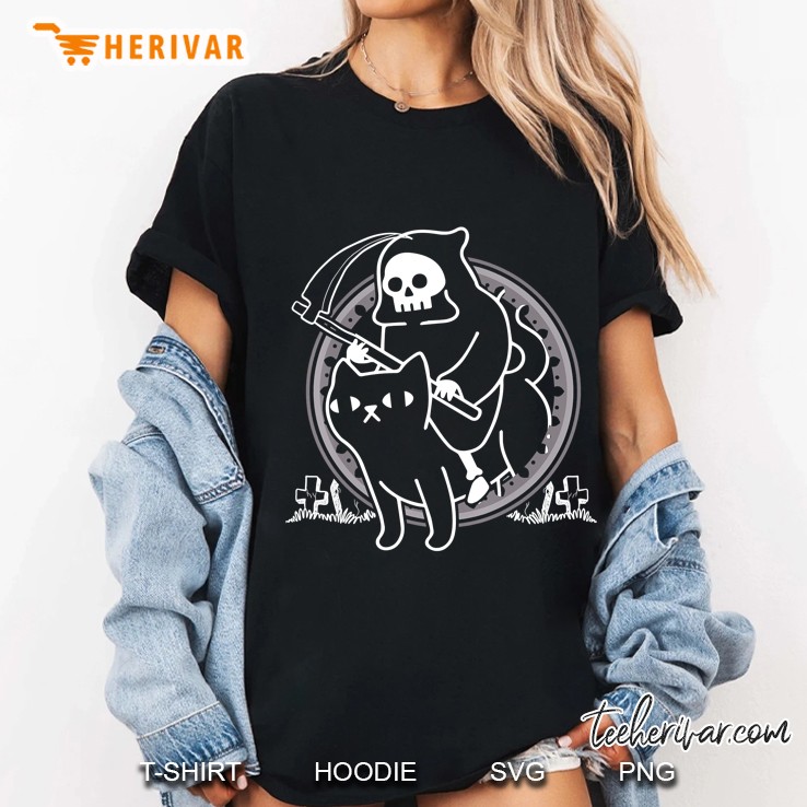Grim Reaper Scythe Riding Death Cat Paranormal Graveyard Ladies Tee