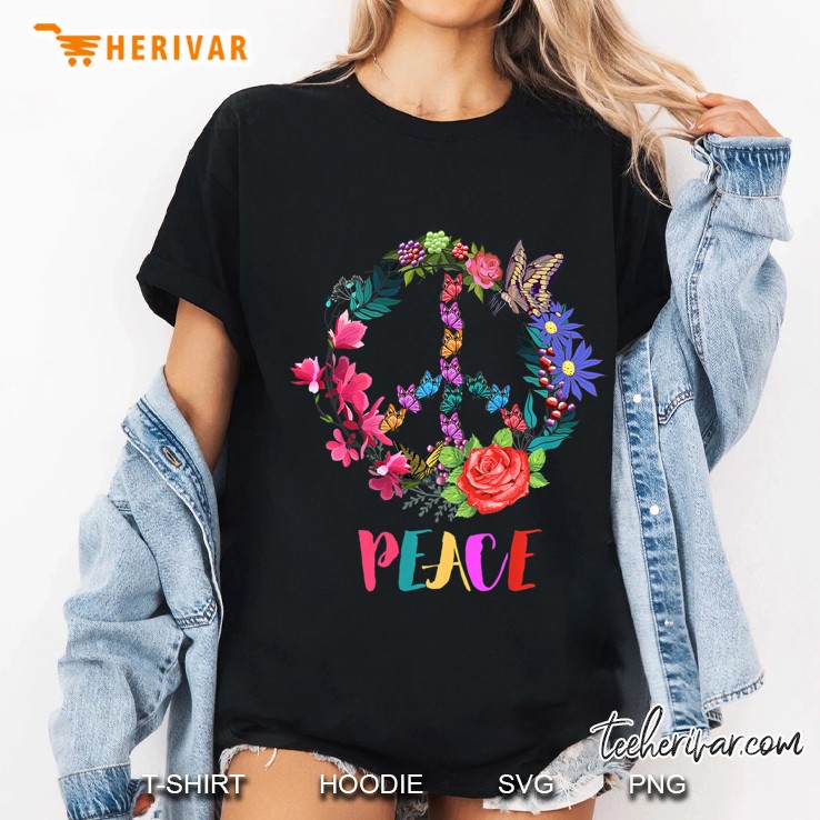 Peace Sign With Colorful Spring Flowers And Butterfly Hippie Premium Ladies Tee