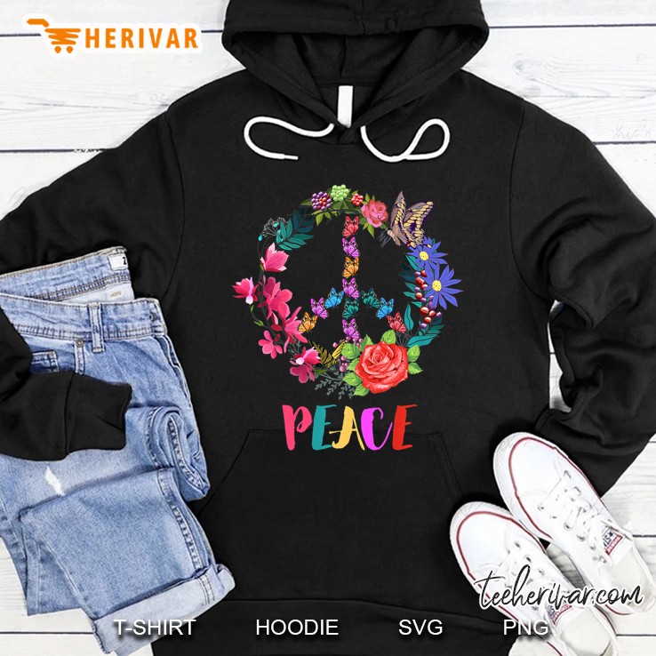 Peace Sign With Colorful Spring Flowers And Butterfly Hippie Premium Hoodie