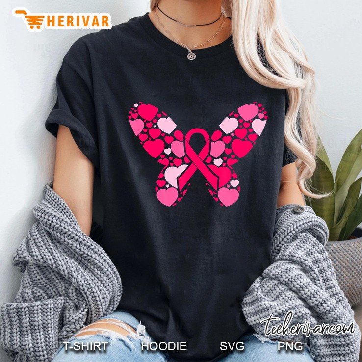 Pink Ribbon Hearts Butterfly Breast Cancer Awareness Gift Ladies Tee