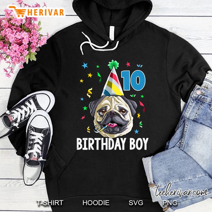 Pug Birthday Boy 10Th Dog Kids Boys Gift Idea Party Hoodie