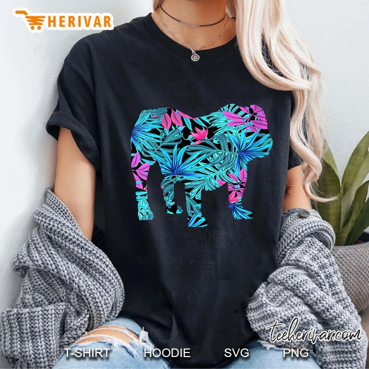 English Bulldog, Tropical Floral Dog Silhouette, Pink Blue Hoodie