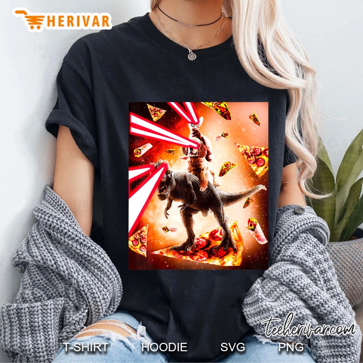 Laser Eyes Space Cat Riding Dog And Dinosaur Ladies Tee