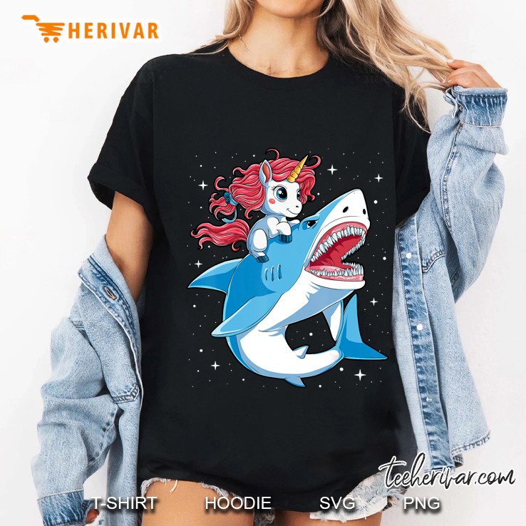 Unicorn Riding Shark Boys Kids Space Galaxy Gifts Ladies Tee