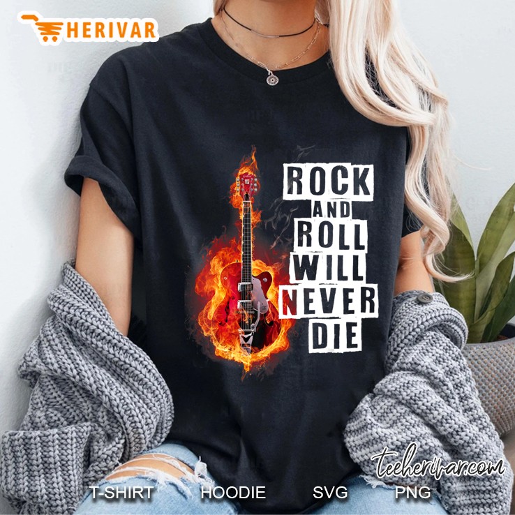 Rock And Roll Will Never Die Fire Guitar Graphic Hoodie