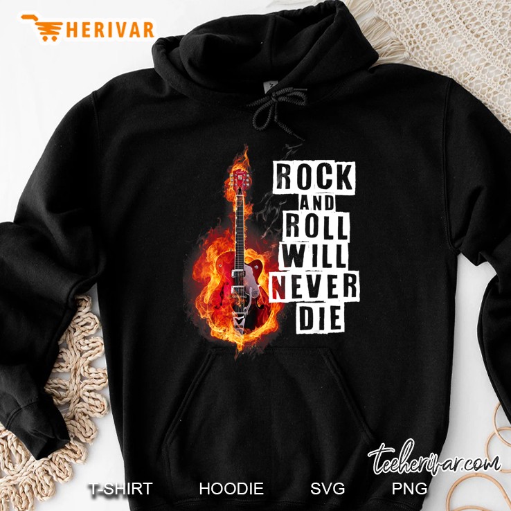 Rock And Roll Will Never Die Fire Guitar Graphic Mugs