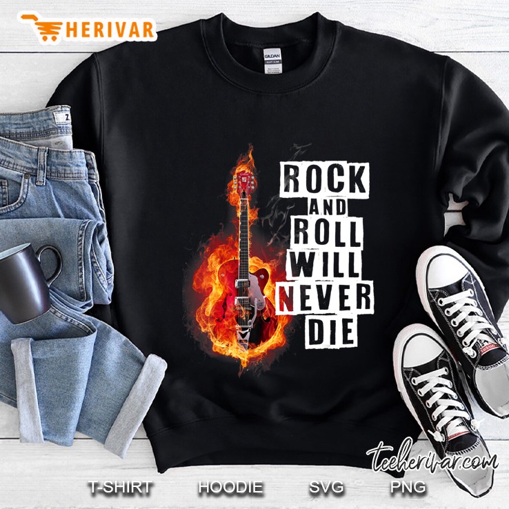 Rock And Roll Will Never Die Fire Guitar Graphic Mugs