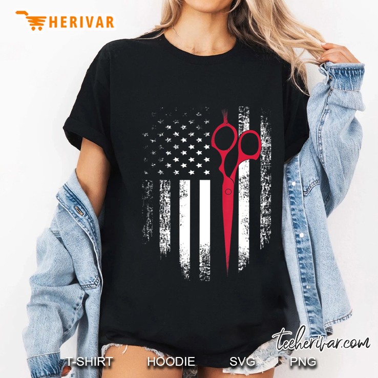Vintage Usa Red White Scissor American Flag Barber Ladies Tee