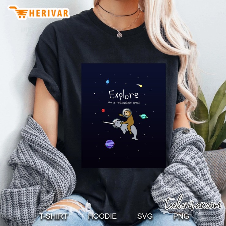 Explore! At A Reasonable Speed (Sloth Riding Narwhal In Space) Graphic Ladies Tee