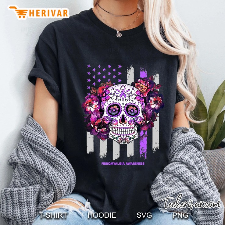 Fibromyalgia Awareness Sugar Skull American Flag Version Ladies Tee