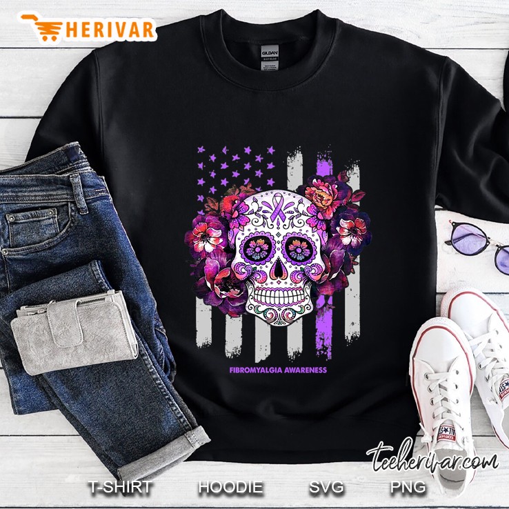 Fibromyalgia Awareness Sugar Skull American Flag Version Sweatshirt