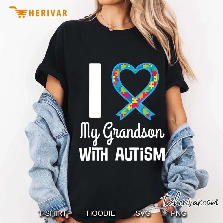 Autism Awareness Grandson Puzzle Heart Ribbon Tee Ladies Tee