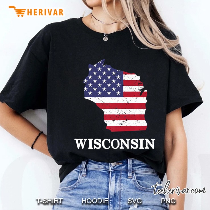 Wisconsin Map State American Flag Shirt 4Th Of July Pride Ladies Tee