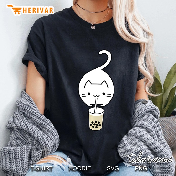 Funny White Cat Jumping Drinking Boba Milk Tea Pullover Ladies Tee