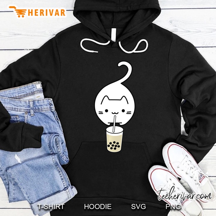 Funny White Cat Jumping Drinking Boba Milk Tea Pullover Hoodie