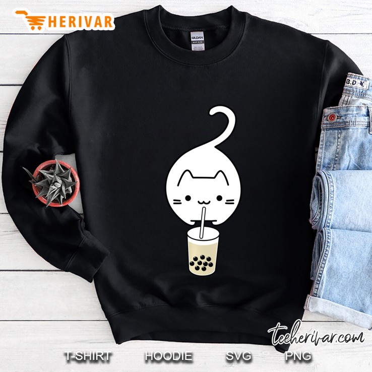Funny White Cat Jumping Drinking Boba Milk Tea Pullover Sweatshirt