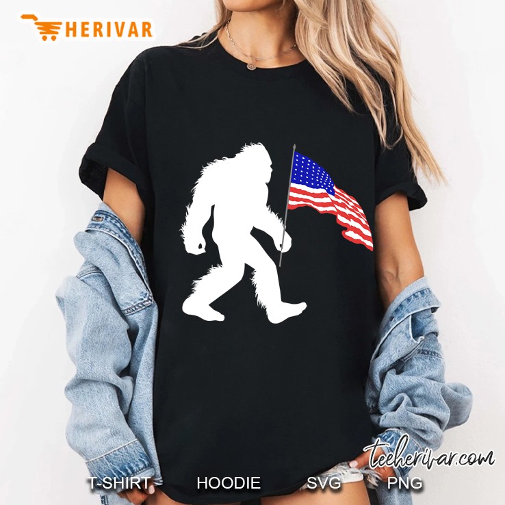 4Th Of July Bigfoot Sasquatch Holding American Flag Ladies Tee