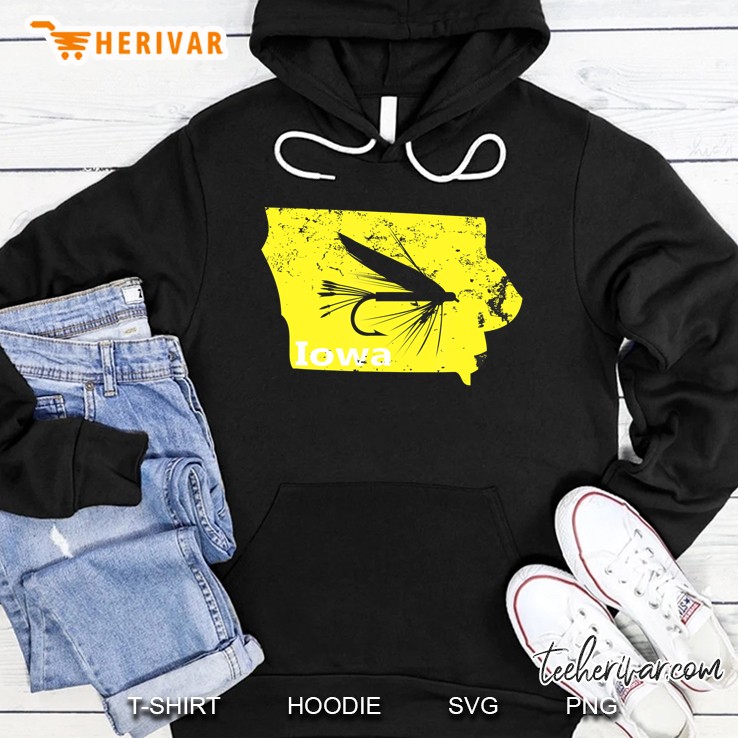 Distressed Iowa Fly Fisherman Shirt With A Fishing Fly Hoodie