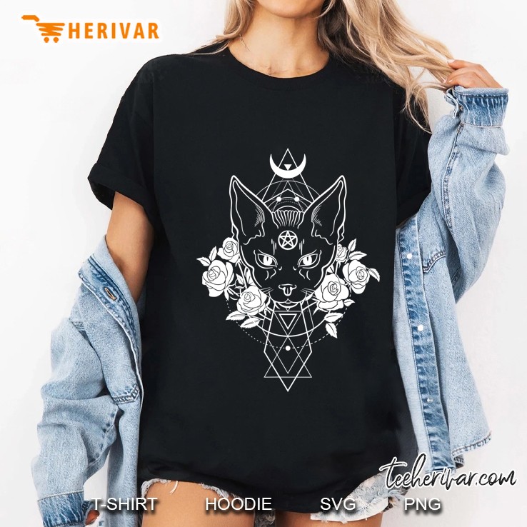 Occult Sacred Geometry Wiccan Pagan Pentagram Cat Satanic Ladies Tee