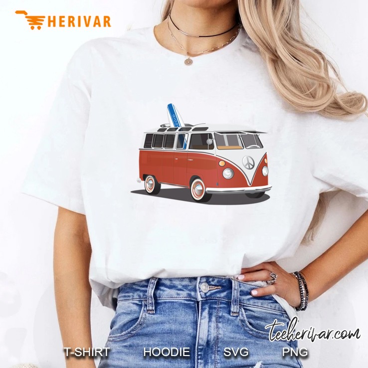 Hippie Split Window Surfer Van Red White & Surfboard Psychedelic Psychodelic Classic Ladies Tee