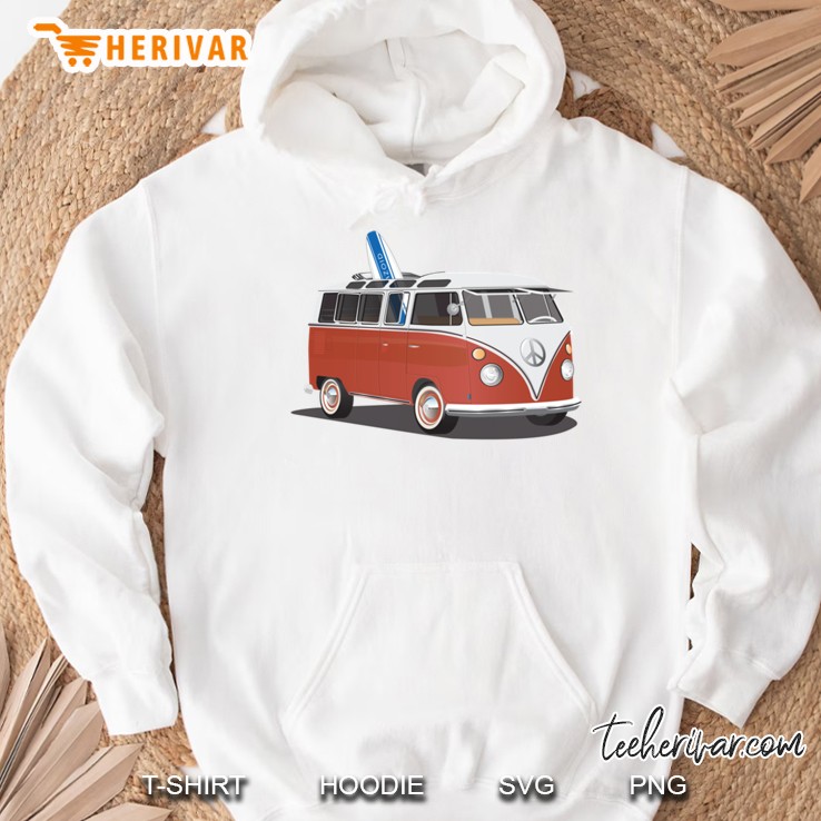 Hippie Split Window Surfer Van Red White & Surfboard Psychedelic Psychodelic Classic Hoodie
