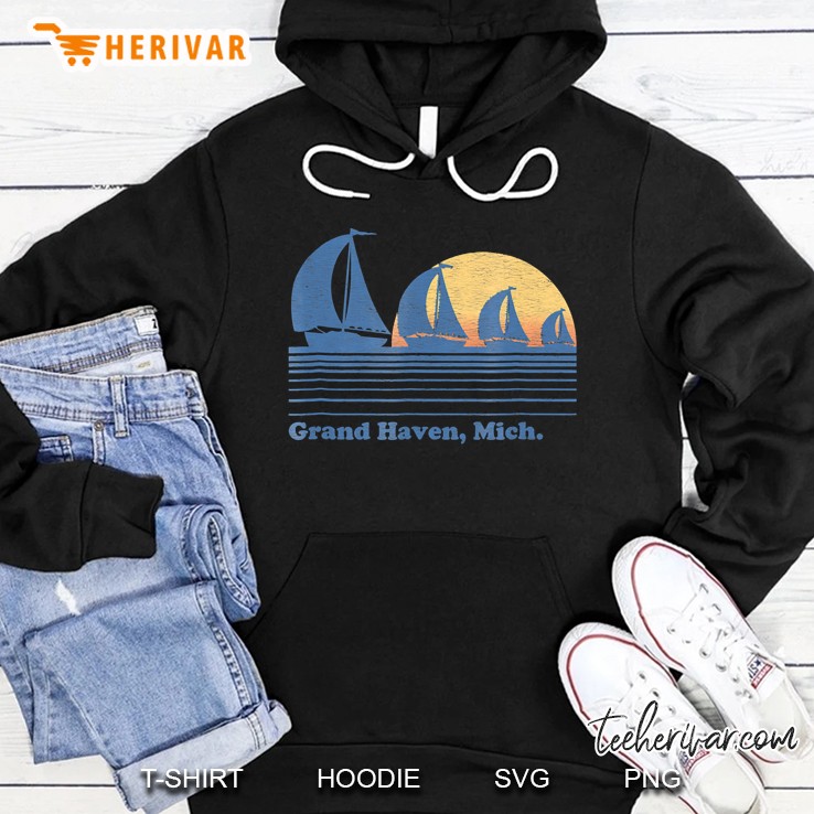 Grand Haven Mi Sailboat Vintage 80S Sunset Tee Hoodie