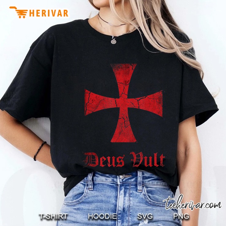 Mens Distressed Deus Vult Knights Templar Cross, Crusader Ladies Tee