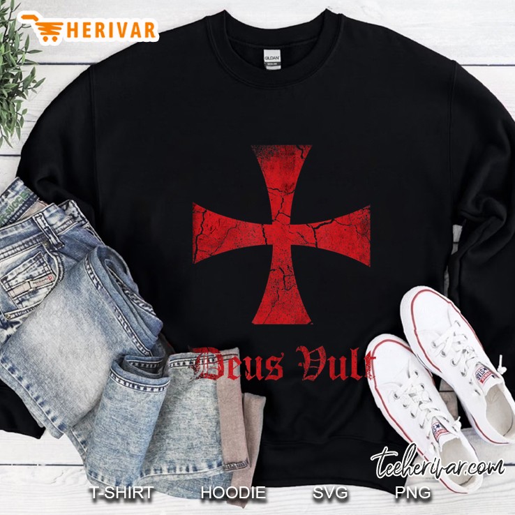 Mens Distressed Deus Vult Knights Templar Cross, Crusader Sweatshirt