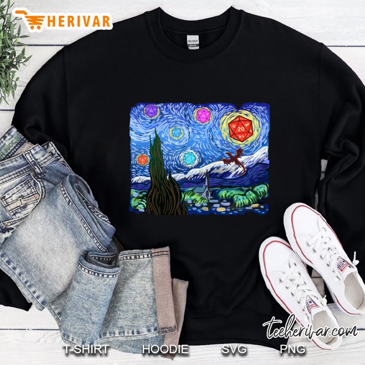 Tabletop Gaming Gif Starry Night Dragons D20 Dice Tee Pullover Mugs