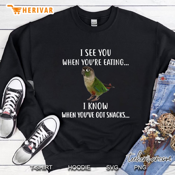 Womens Funny I Know Snacks Conure Parro, Green Cheek Conure V-Neck Sweatshirt