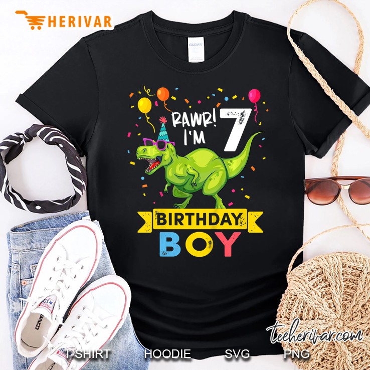 Kids 7 Year Old Shirt 7Th Birthday Boy T Rex Dinosaur Shirt