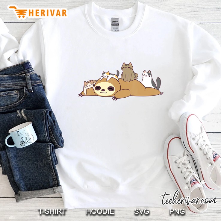 Sloth Loves Kitty Cats Funny Cute Kawaii Lazy Sloth & Feline Sweatshirt