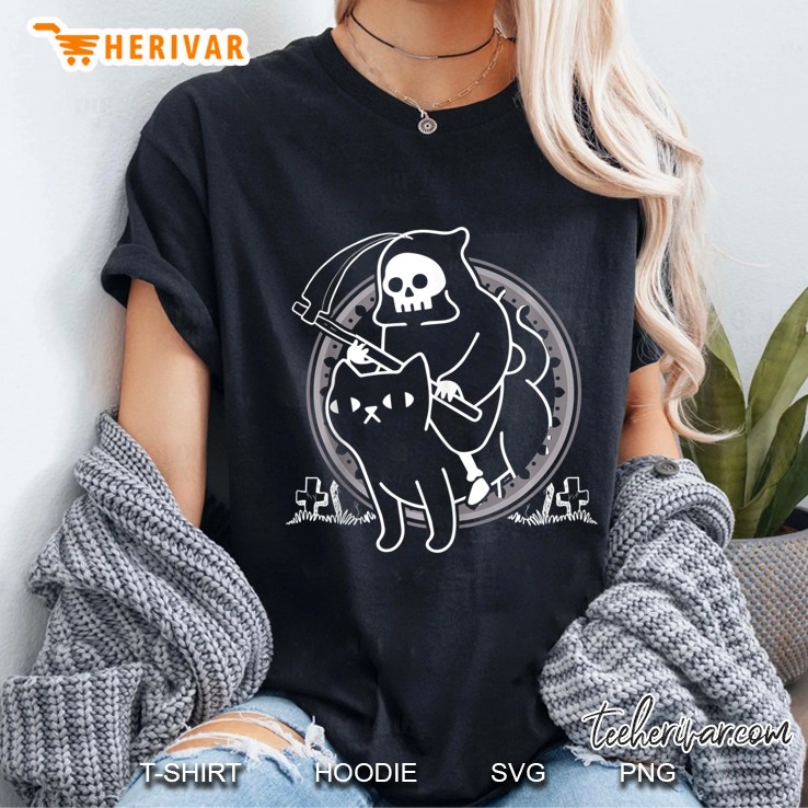 Grim Reaper Scythe Riding Death Cat Paranormal Graveyard Ladies Tee