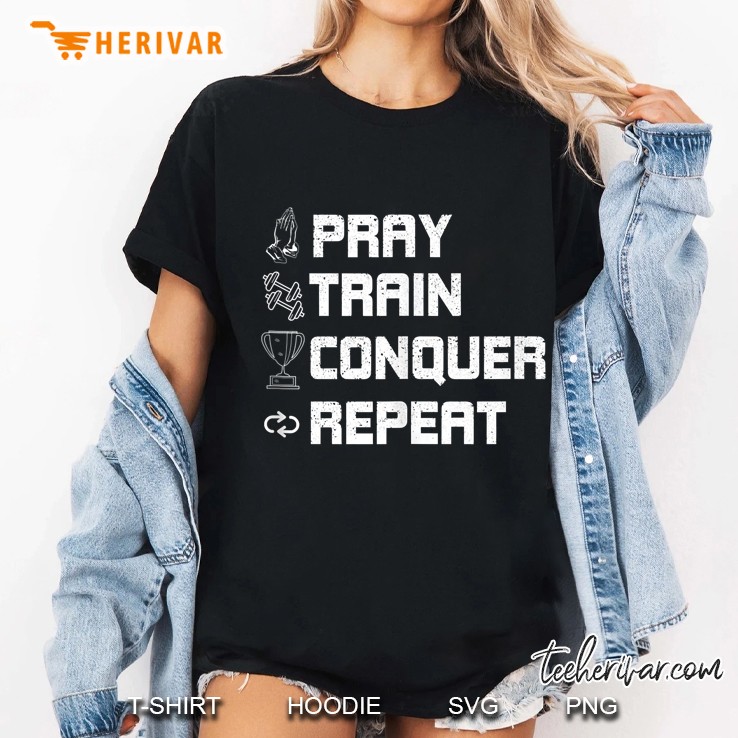 Pray Train Conquer Repeat - Christian Faith Gym Workout Ladies Tee