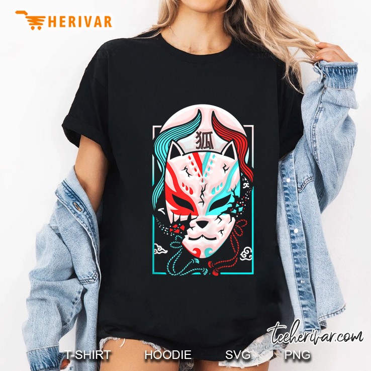 Vaporwave Synthwave Retrowave Traditional Kabuki Fox Mask Ladies Tee