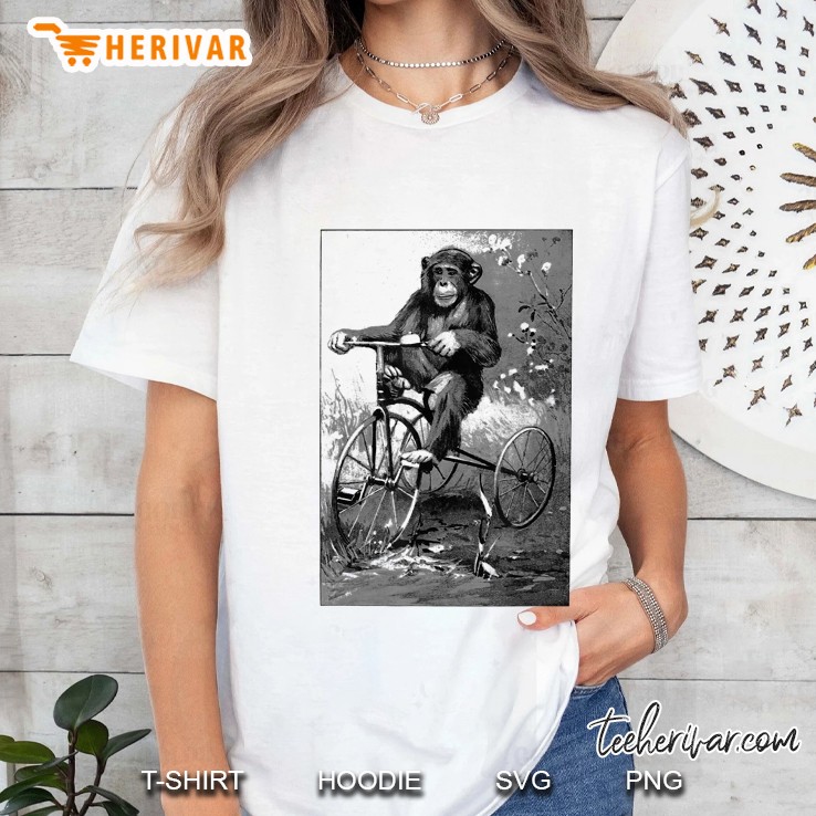 Monkey Riding Tricycle Tshirt Art-Vintage Chimp Funny Monkey Ladies Tee