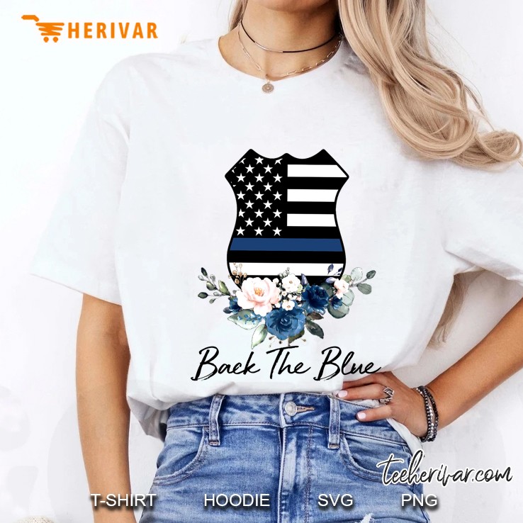 Back The Blue Thin Blue Line American Flag Floral Version Ladies Tee