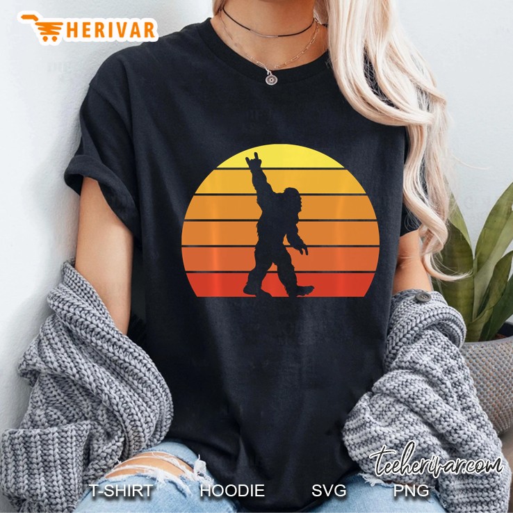 Retro Vintage Sunset Sasquatch Rock And Roll Funny Bigfoot Pullover Ladies Tee