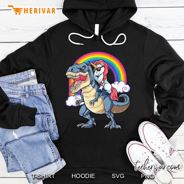 Unicorn Riding Dinosaur T Rex Funny Men Women Rainbow Gifts Hoodie