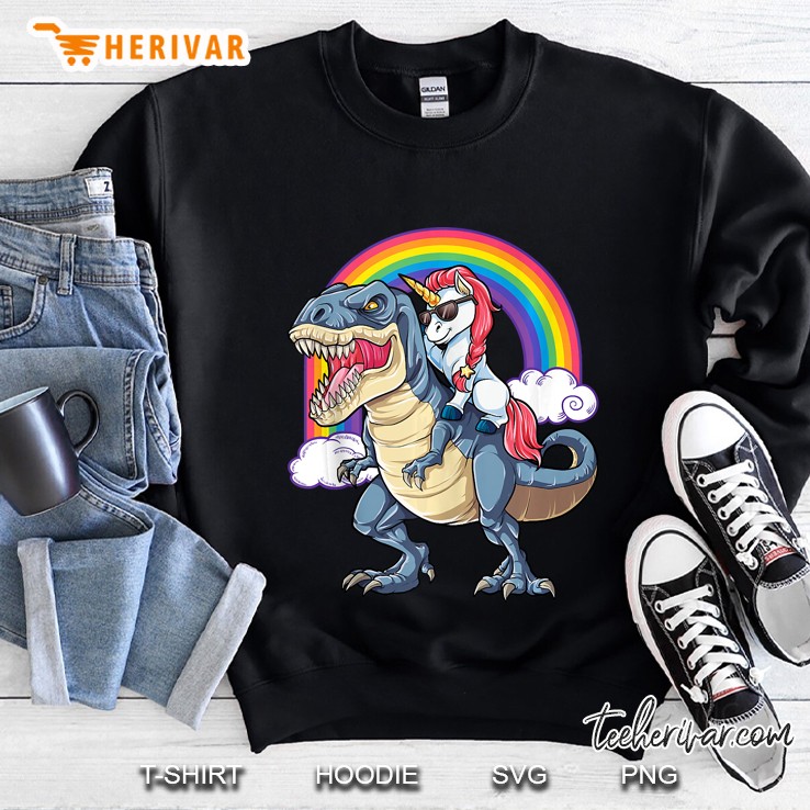 Unicorn Riding Dinosaur T Rex Funny Men Women Rainbow Gifts Sweatshirt