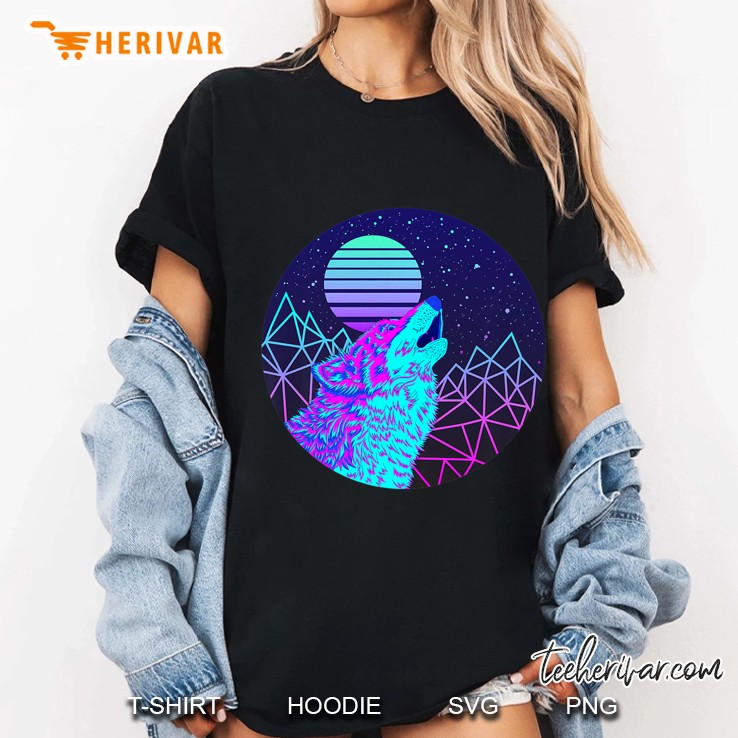 Vaporwave Wolf Howling At The Moon Hoodie