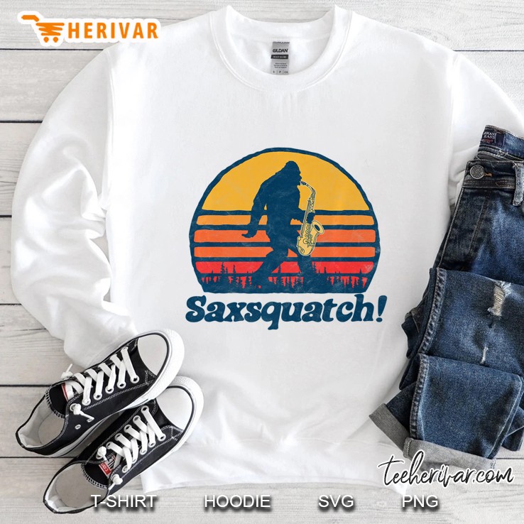 Saxsquatch! Funny Bigfoot Saxophone Retro Sun Graphic Premium Sweatshirt