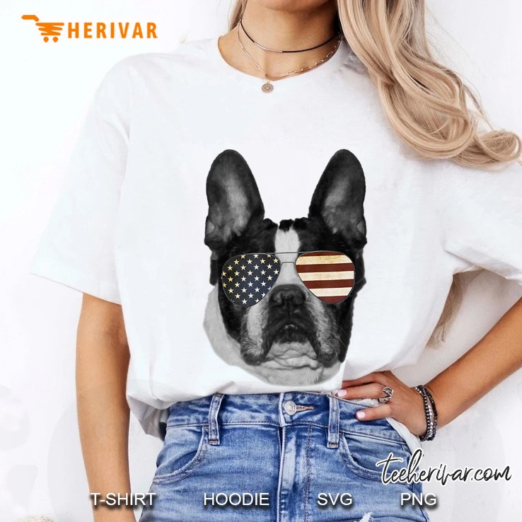 Boston Terrier Dog T Design With Usa Flag Sunglasses Ladies Tee