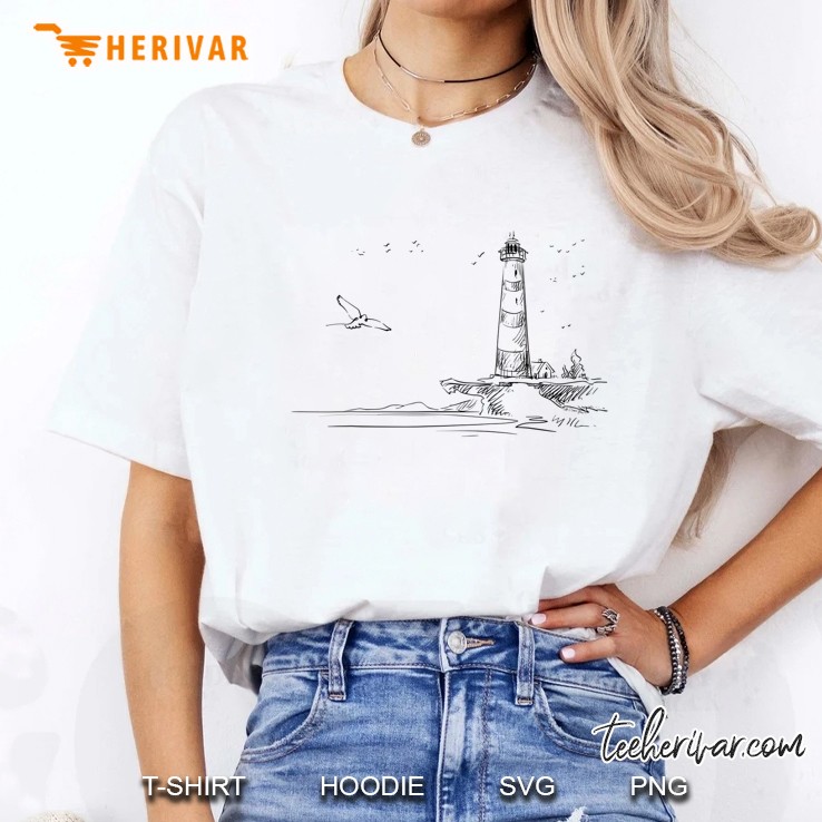 Seaside Lighthouse Nautical Sketch Art Ladies Tee