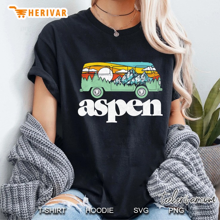 Retro Aspen Colorado Hippie Van Mountains Trees & Sun Pullover Ladies Tee