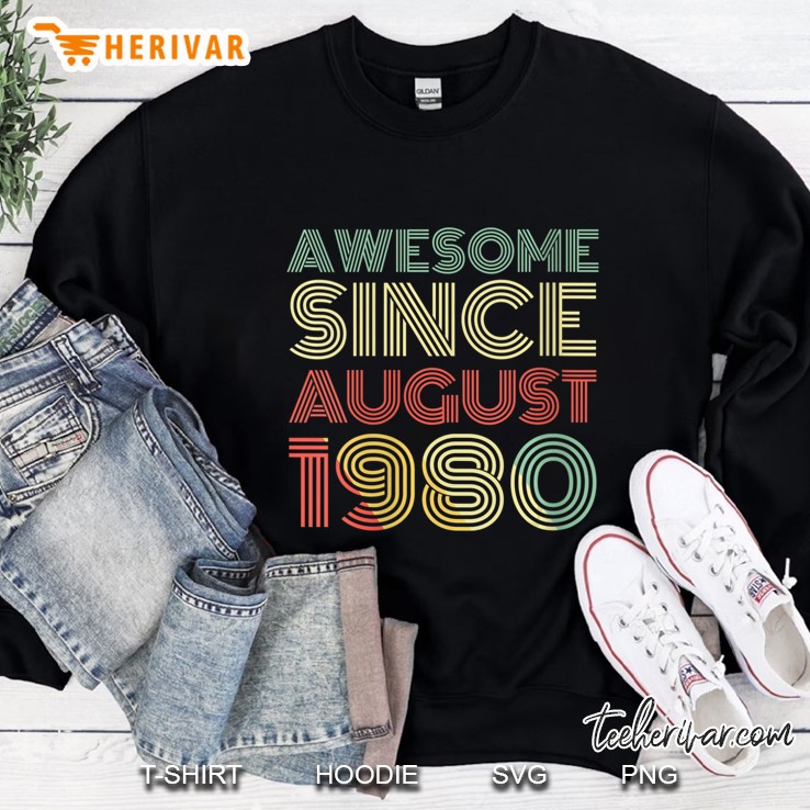 Womens Awesome Since August 1980 40Th Birthday Retro Funny Gift V-Neck Sweatshirt