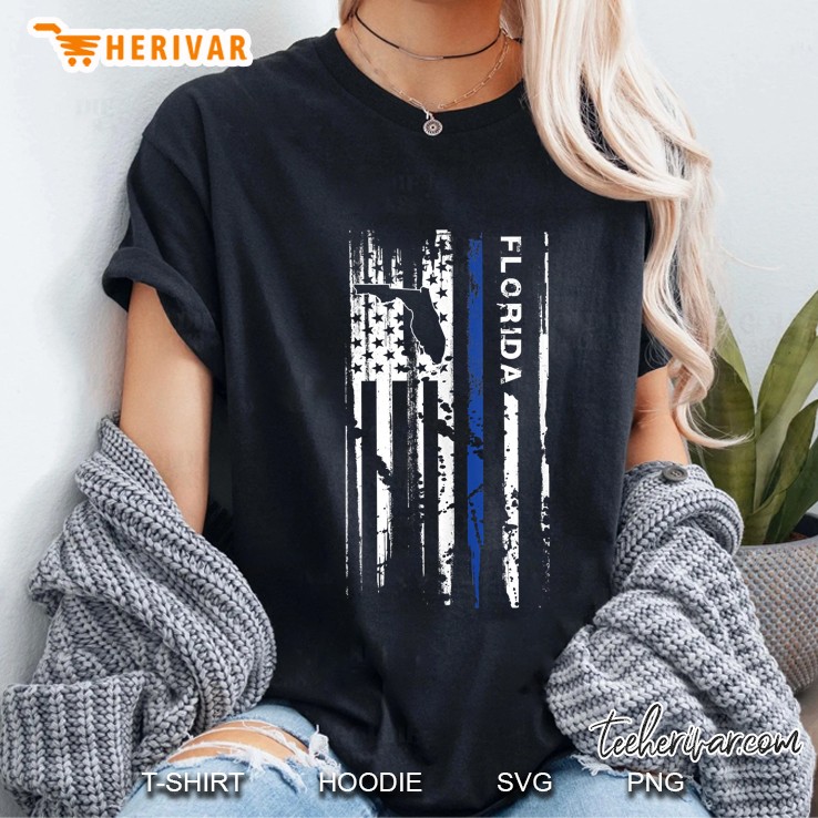 Florida Cop Thin Blue Line Leo Police American Flag Ladies Tee